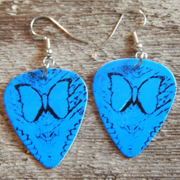 Butterfly Guitar Pick Earrings - Blue - "Santana" - Picture 1 of 1
